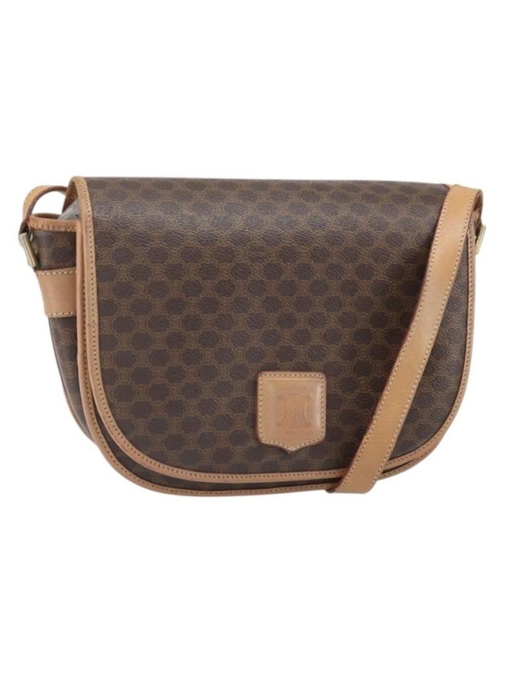 Authentic CELINE Macadam Canvas Shoulder Bag PVC Leather Brown Gold
